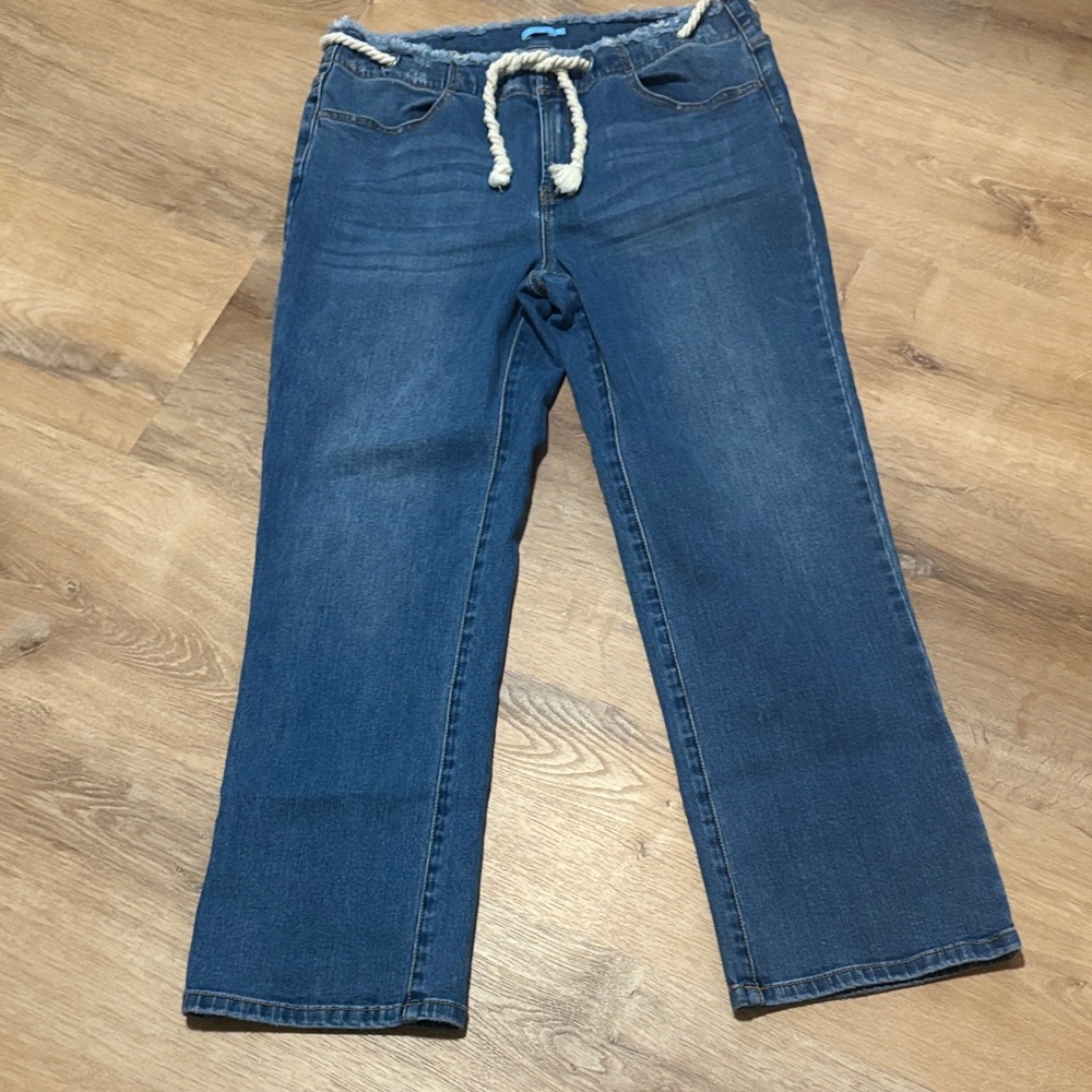 J McLaughlin Women Jeans Blue Denim Straight Mid Rise Drawstring Fringes Size 10